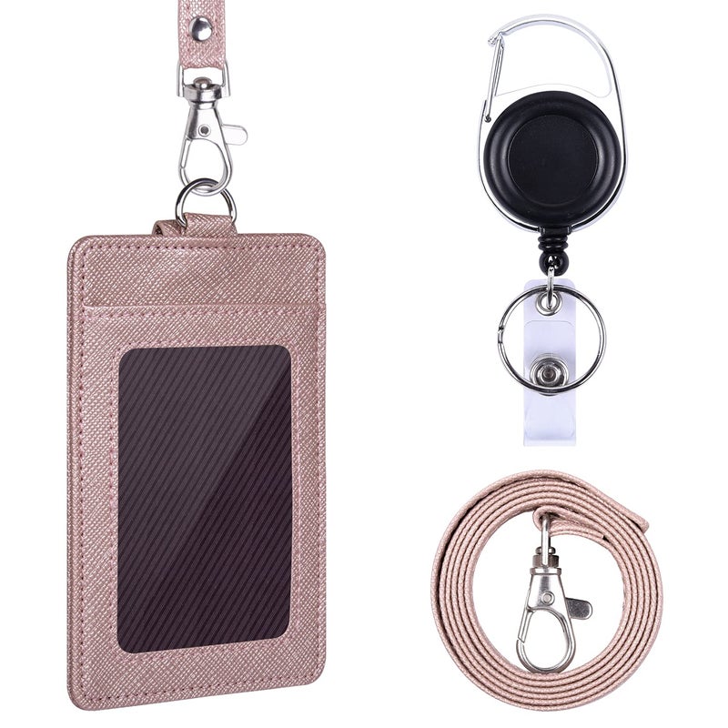 Wisdompro Retractable Badge Holder with Lanyard, Double Sided PU Leather ID Card Holder with Carabiner Badge Reel Clip and 18.8 inch Neck Lanyard - Rose Gold, Vertical - Image 1